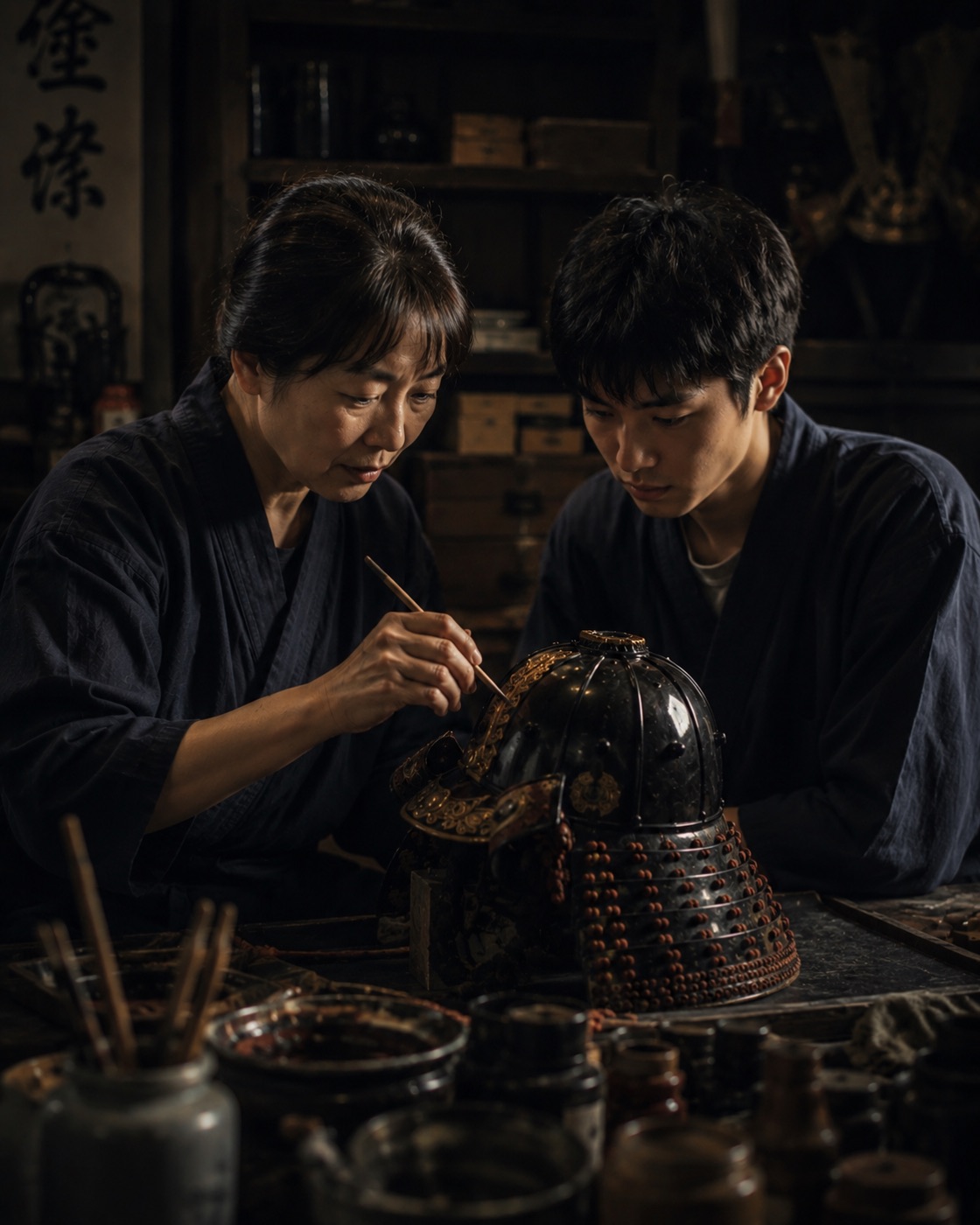 An urushi master guiding a young apprentice as they lacquer a kabuto at a night workshop