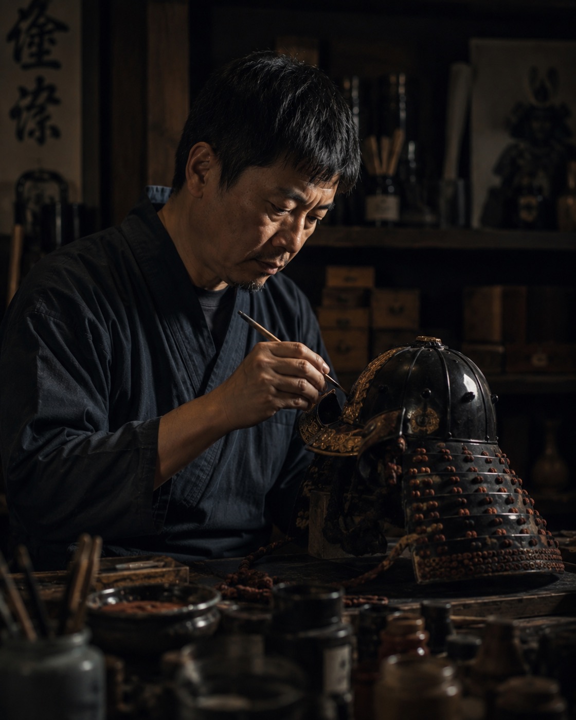 Mizuno Takeharu applying the final lacquer finish to the Gesshō kabuto at a dark workshop bench