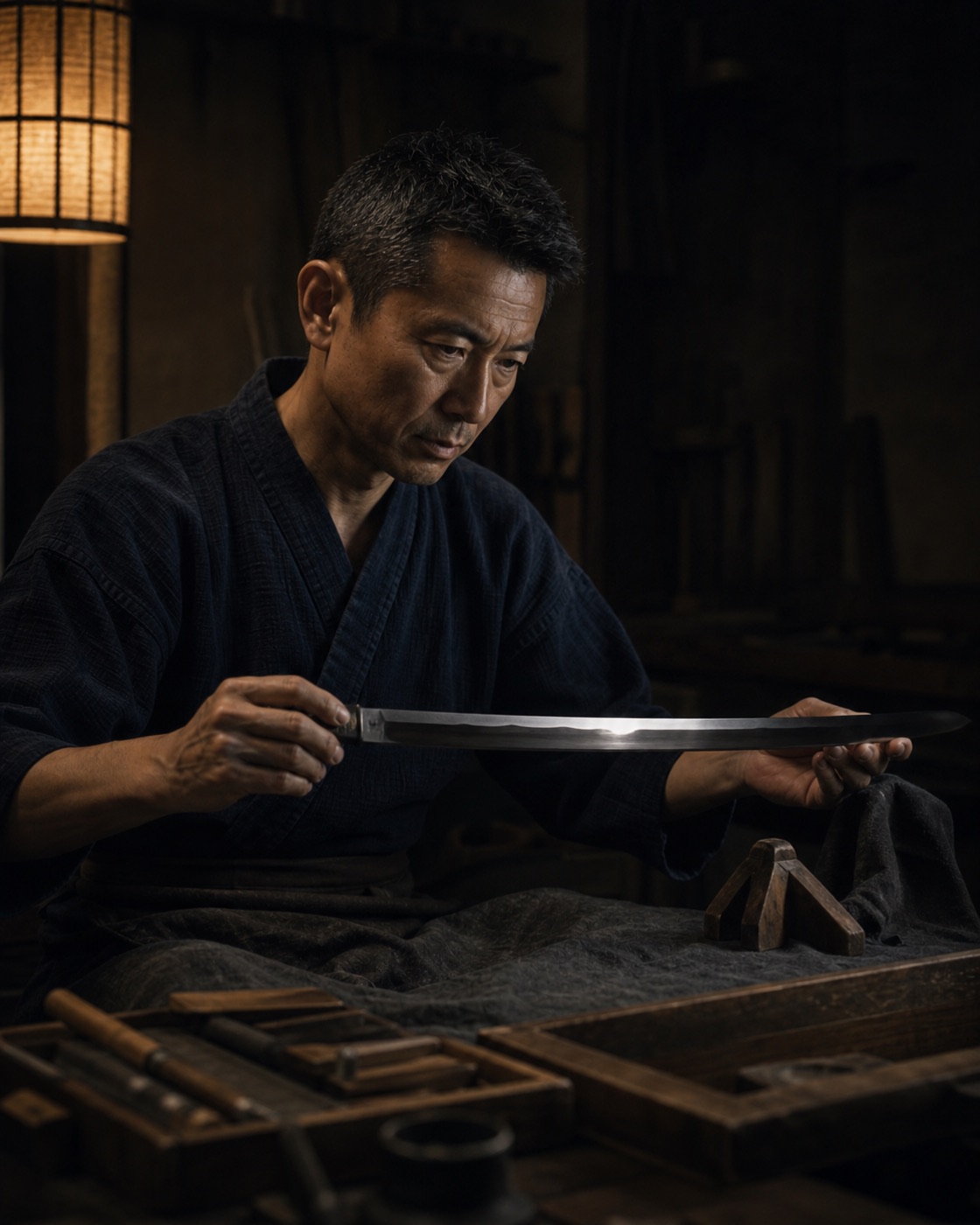 The twenty-sixth Kanemoto inspecting the polished Samidare blade by a single warm lantern