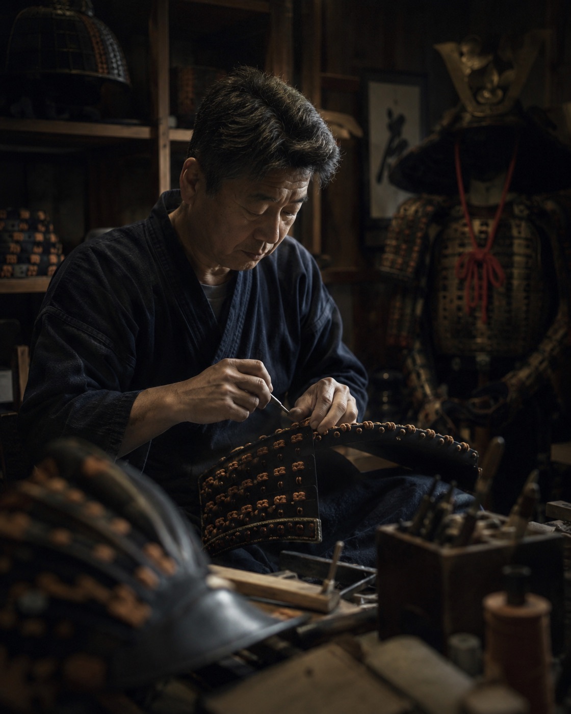 A House Mizuno armorer drawing silk cord through the lacquered scales of Musubi at a dark workshop bench