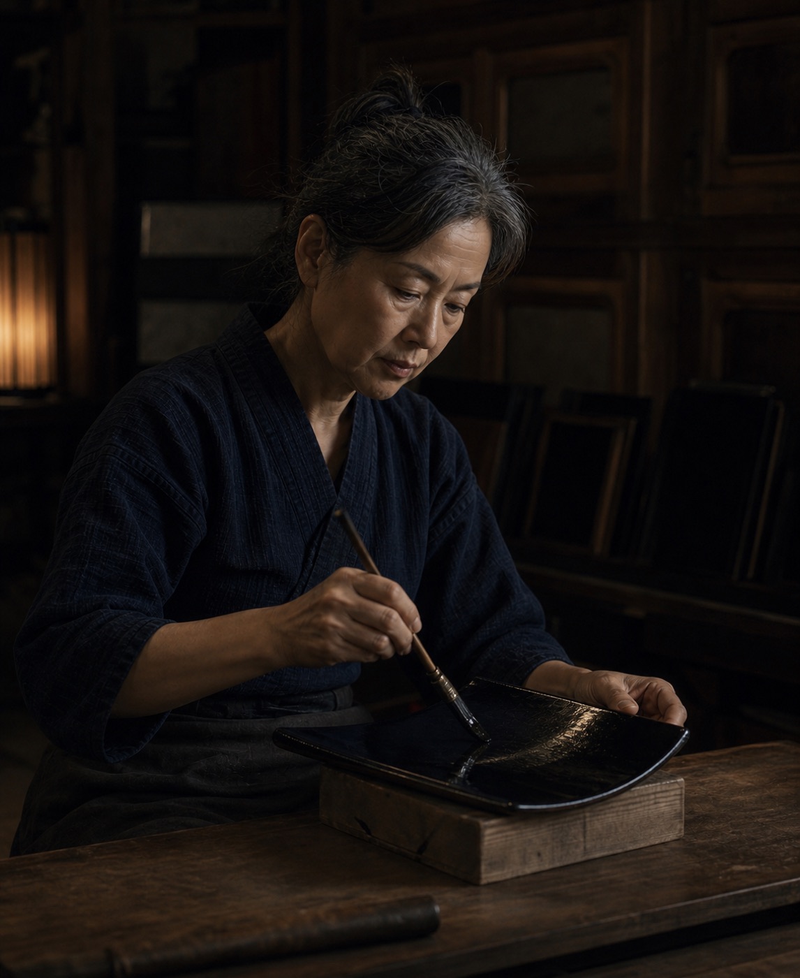 Shirakawa Iori applying black urushi to a curved armor plate in the Wajima studio